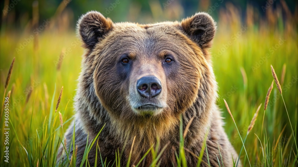 Obraz premium A closeup of a symmetrical grizzly bear in a grassy meadow in Montana USA, big, closeup, Montana, USA, mammal, symmetrical balance, symmetrical, nature, symmetrical alignment, animal