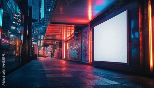 Neon-Lit City Alleyway with Large Blank Billboard