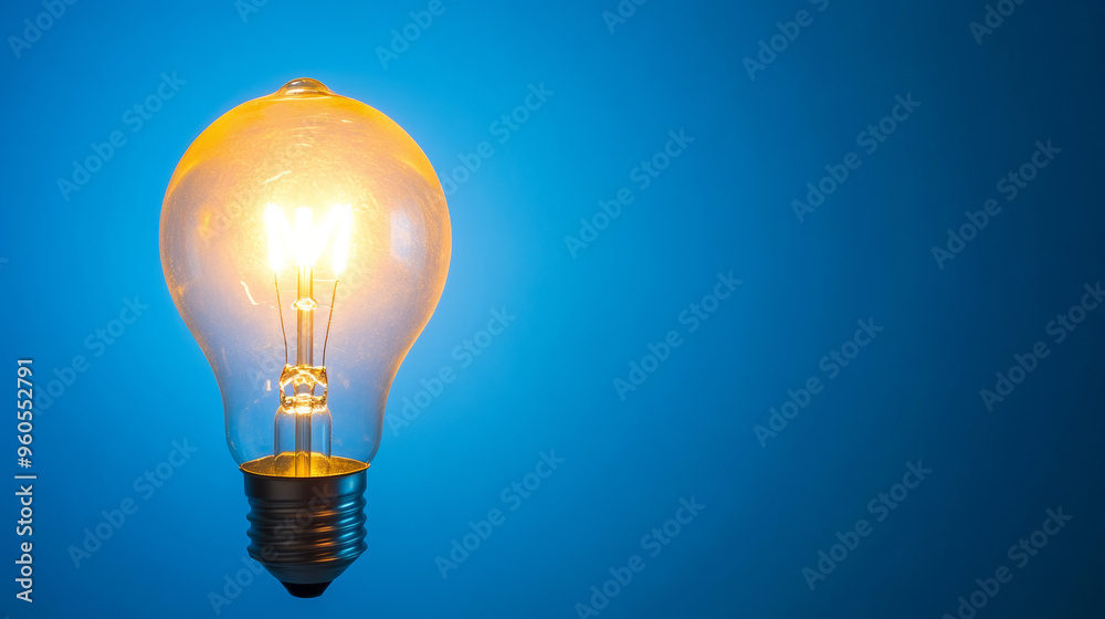 A bright light bulb shines against a blue backdrop. A bright light bulb shines against a blue backdrop.