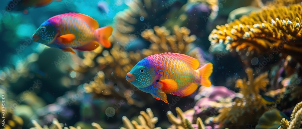 Fototapeta premium Vibrant Parrotfish Feeding on Colorful Coral Reef Bed