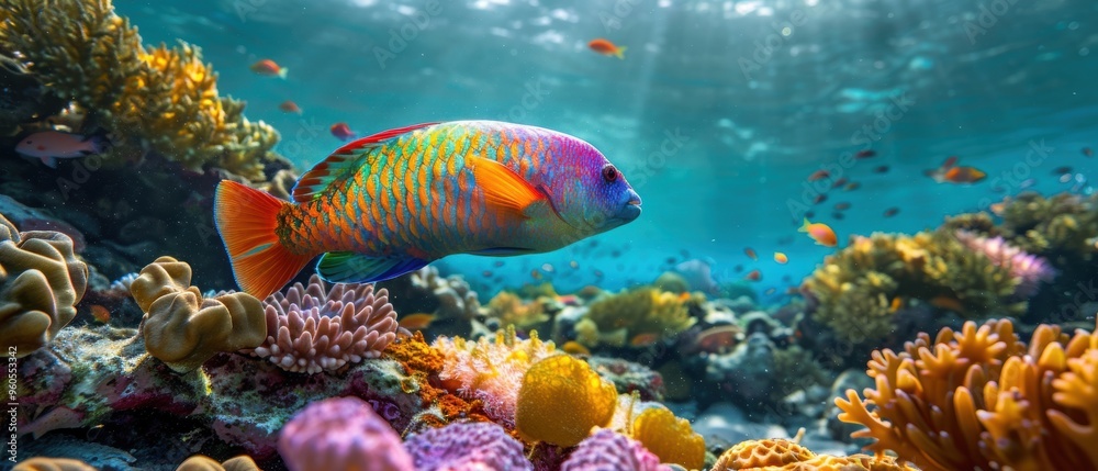 Fototapeta premium Vivid Parrotfish Feeding on Colorful Coral Reef in Tropical Waters