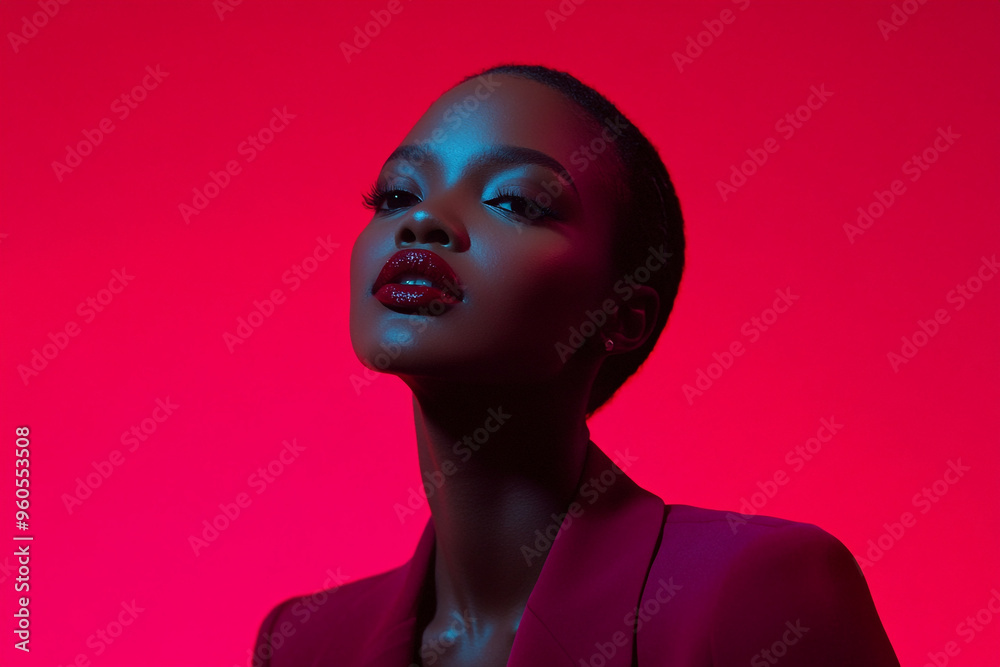 Fashionable Woman in Burgundy Blazer with Solid Neon Coral Background Modern Portrait Fashionable Woman in Burgundy Blazer with Solid Neon Coral Background Modern Portrait