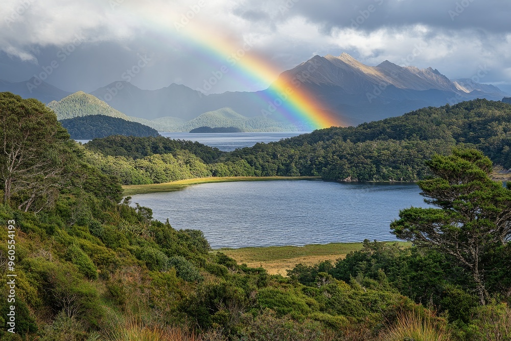 A brilliant rainbow stretching across the sky after a light afternoon shower A brilliant rainbow stretching across the sky after a light afternoon shower