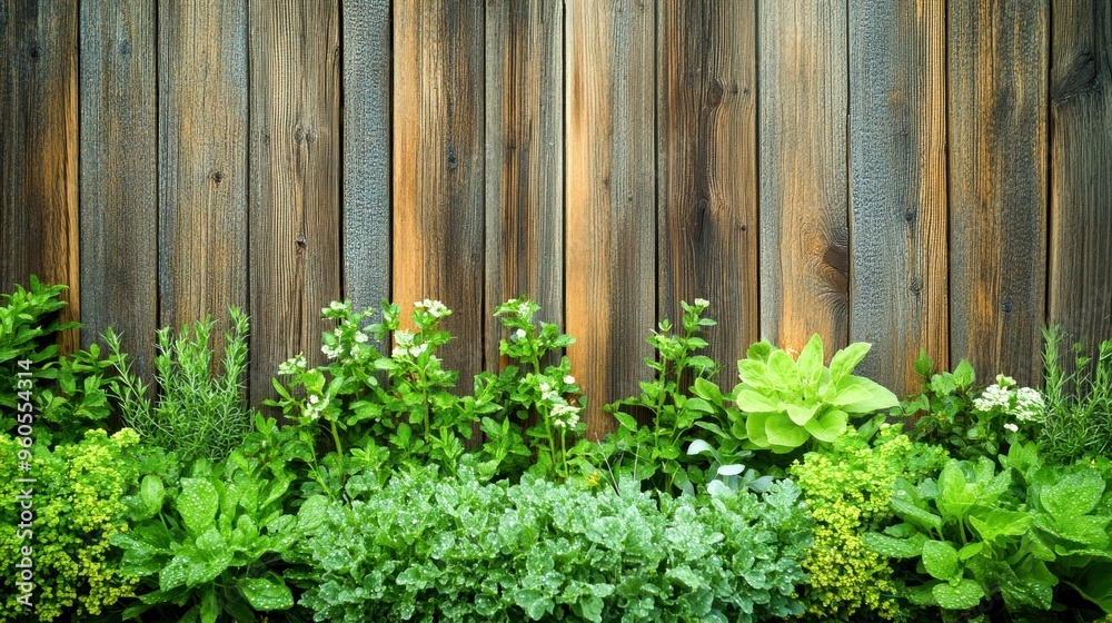 Vibrant herbs and leafy greens thrive beautifully in a garden, showcasing the rich colors of summer against a weathered wooden backdrop