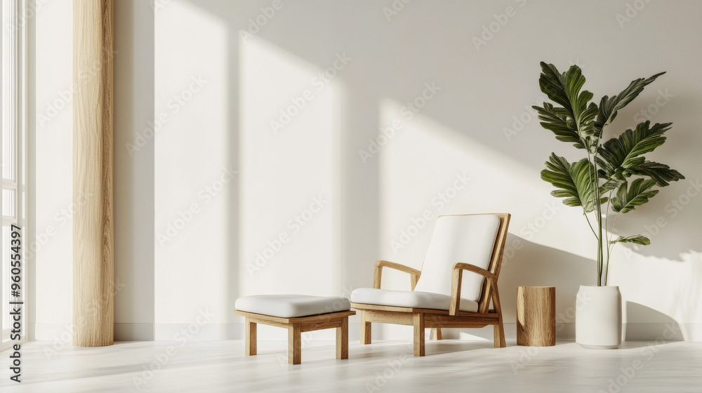 Fototapeta premium A bright, white room with a modern wooden lounge chair and footrest. Two wooden pillars stand against a plain wall, creating a simple and stylish space.