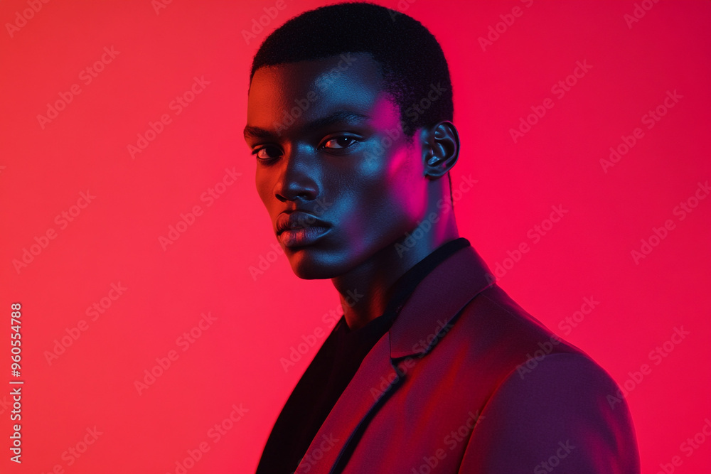 Fototapeta premium Man in Burgundy Blazer with Solid Neon Coral Accents, Bold Fashion Portrait, Trendy Lifestyle Background