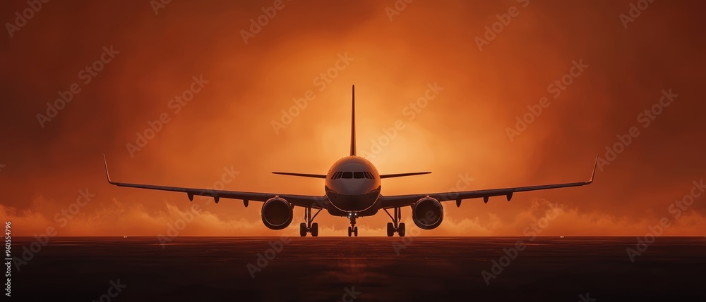 Front view of an airplane on runway at sunset, deep orange sky, silhouette of wings and engines, dramatic lighting, powerful aviation theme, moody scene Front view of an airplane on runway at sunset, deep orange sky, silhouette of wings and engines, dramatic lighting, powerful aviation theme, moody scene