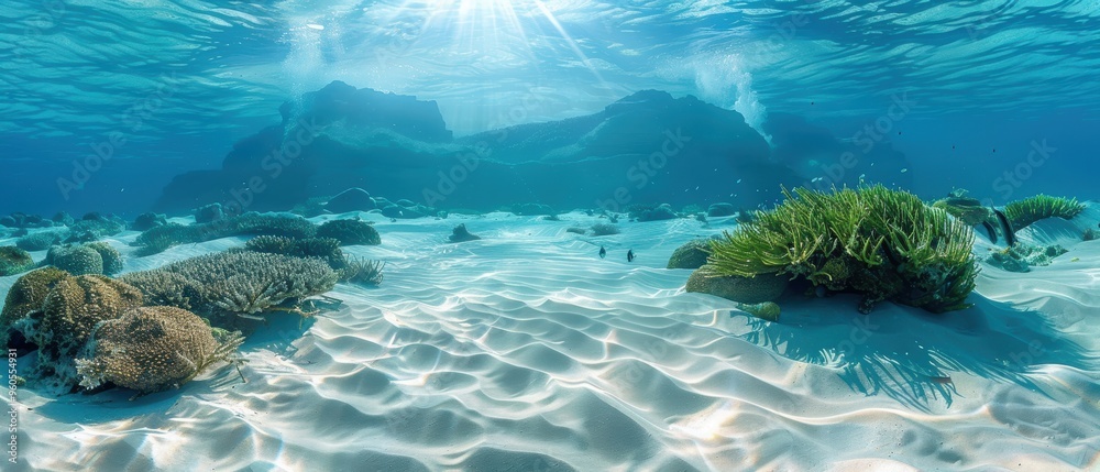 Obraz premium Tranquil Underwater Scene with Sand Dunes and Diverse Marine Life Exploration