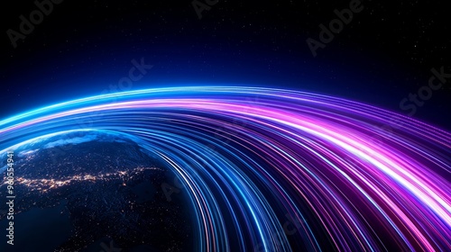 Globe with high-speed light trails wrapping around top view representing fast global data transfer cybernetic tone vivid