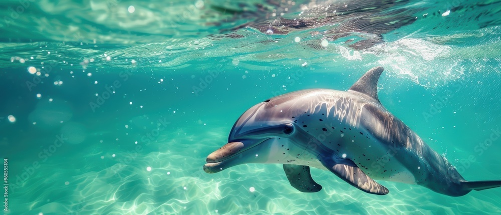 Obraz premium Majestic Dolphin Gliding Through Crystal Clear Turquoise Waters