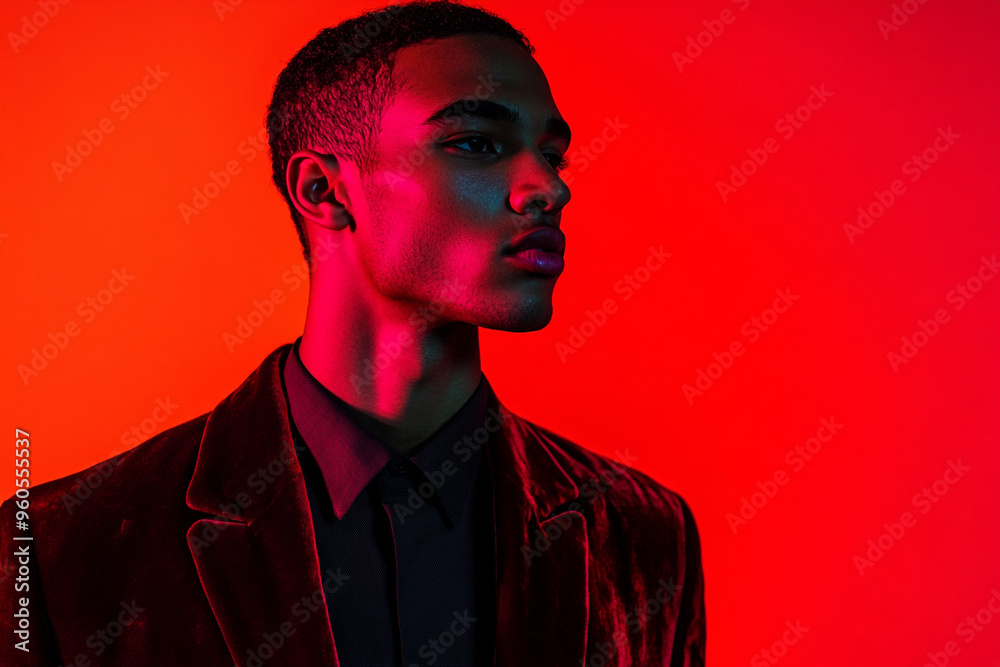 Fashionable Men in Burgundy Velvet Jacket with Solid Neon Coral Background Modern Portrait Fashionable Men in Burgundy Velvet Jacket with Solid Neon Coral Background Modern Portrait