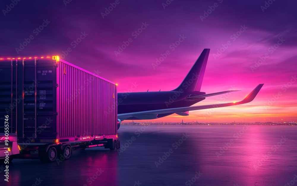 Sunset over airport cargo operations, workers loading freight onto airplane, global supply chain, smooth logistics flow, atmospheric mood, warm hues Sunset over airport cargo operations, workers loading freight onto airplane, global supply chain, smooth logistics flow, atmospheric mood, warm hues