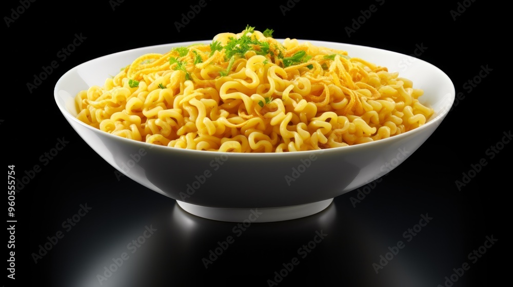 Isolated instant noodles in white bowl. Cooked instant noodles with vegetables in bowl isolated on black background. Neural network ai generated art