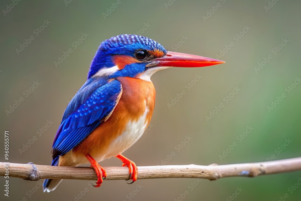 Fototapeta premium perched, avian, vibrant, feathers, bird, tropical, branch, water, aquatic bird, A stock photo depicting a malachite kingfisher perched on a branch against a clean background