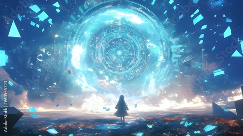 An anime character steps through a glowing, magical portal surrounded by swirling lights and mystical symbols. photo