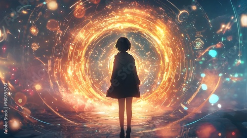 An anime character steps through a glowing, magical portal surrounded by swirling lights and mystical symbols. photo