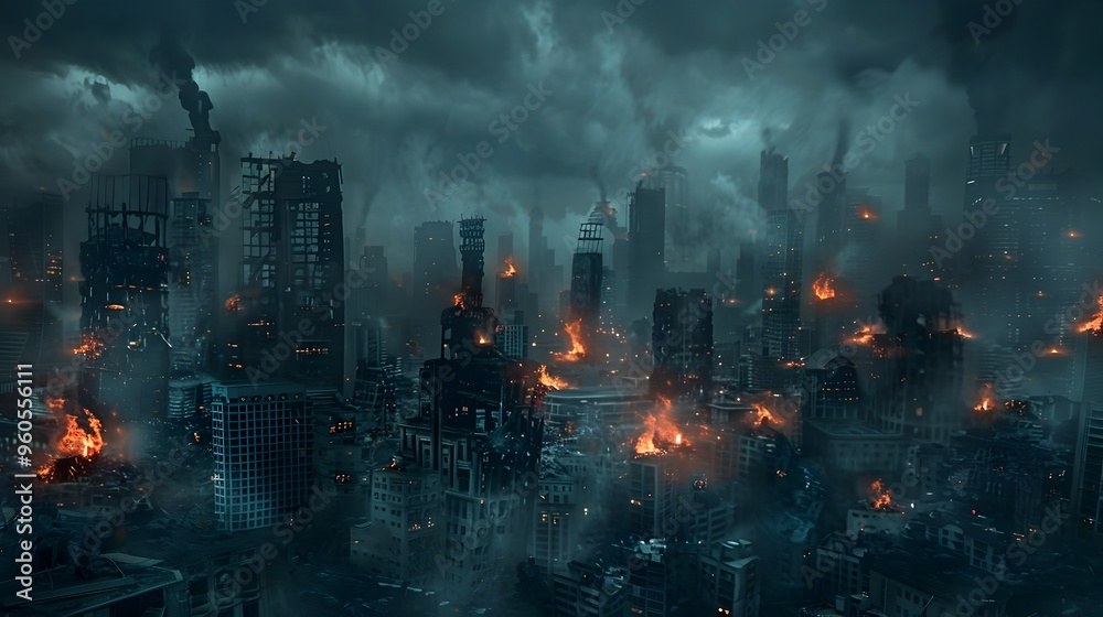 Fototapeta premium Shadowy Post Apocalyptic Cityscape with Crumbling Buildings and Distant Fires