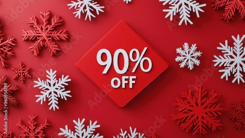 Festive red background with white snowflakes and a bold discount sign announcing 90% off, perfect for holiday promotions.