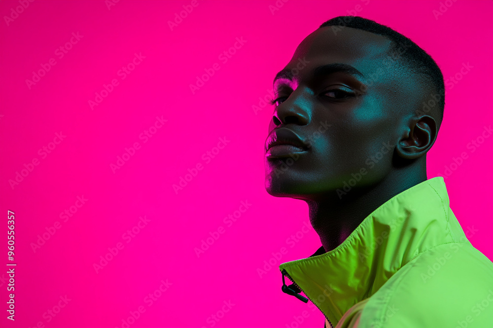 Trendsetting Men in Neon Green Jacket with Solid Neon Pink Background Bold Lifestyle Portrait Trendsetting Men in Neon Green Jacket with Solid Neon Pink Background Bold Lifestyle Portrait