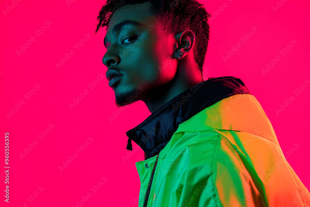 Trendsetting Men in Neon Green Jacket with Solid Neon Pink Background Modern Portrait