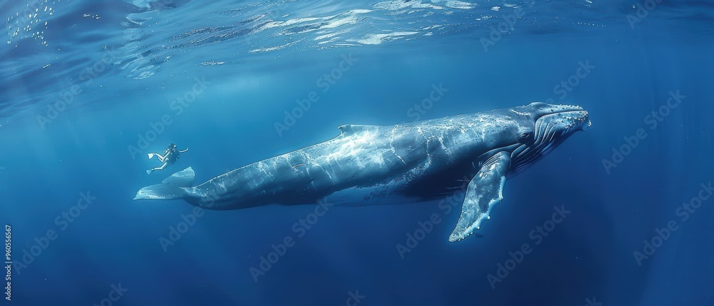 Naklejka premium Majestic Whale Gliding Through the Deep Blue Waters of the Open Ocean