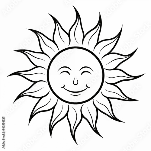Smiling sun illustration with rays for T-shirt print design in monochrome style