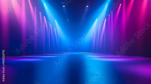 Mesmerizing geometric light patterns in cool blue and purple tones create a modern stylish and futuristic stage design perfect for events performances and digital art exhibitions