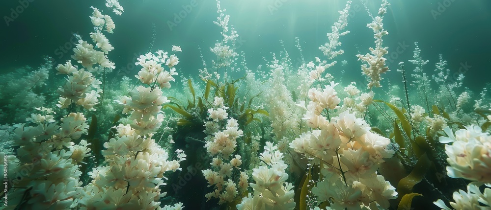 Fototapeta premium Serene Underwater Garden: Flora Swaying Gracefully in Ocean Currents