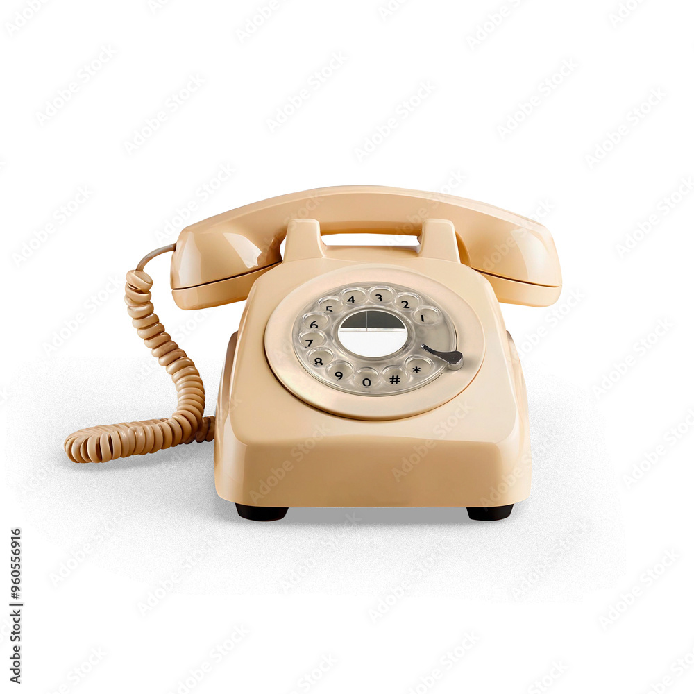 Cream white 70s phone as a concept of contact, communication and response to customers, with transparent background and shadow Cream white 70s phone as a concept of contact, communication and response to customers, with transparent background and shadow