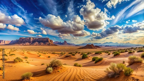 Fototapeta Naklejka Na Ścianę i Meble -  Panoramic empty desert background with copy space reflected, scenic, nature, arid, serene, sand dunes, empty, tranquil, desert, remote,panoramic, landscape, copy space, reflected