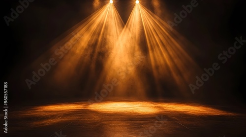 Majestic spotlight illuminating a dark stage with soft golden beams of light spreading outwards in a regal and elegant mood The dramatic lighting creates a powerful captivating atmosphere