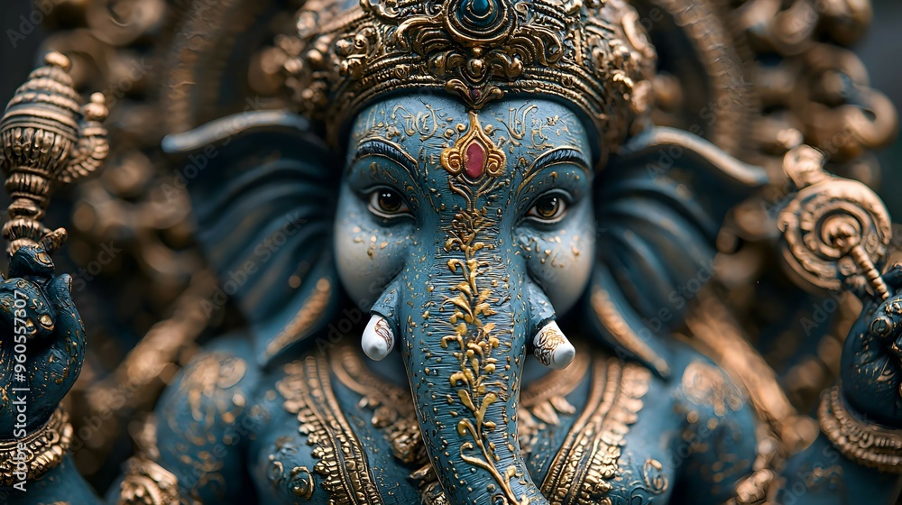 Close Up of Blue and Gold Ganesha Statue with Intricate Details Close Up of Blue and Gold Ganesha Statue with Intricate Details