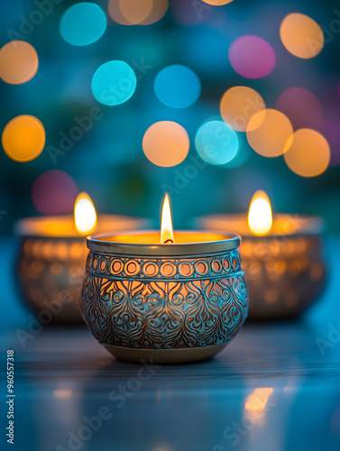 Decorative Candles Casting Warm Glow Amid Bokeh Lights