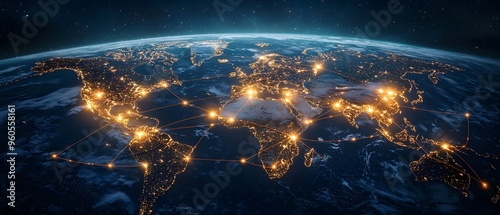 Fototapeta Naklejka Na Ścianę i Meble -  Aerial view of an illuminated global network of trade routes and shipping lanes connecting international markets and cities across continents and oceans at night  Concept of worldwide logistics
