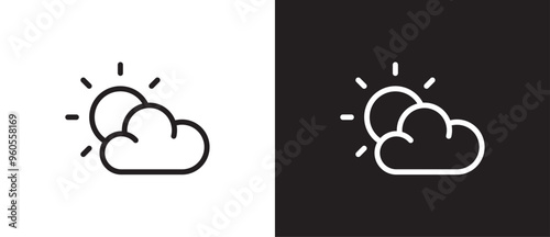 Simple icon of the sun behind the clouds. Sunny day, Weather forecast line icon. Simple design weather icon. Vector illustration weather in black and white background. Eps10