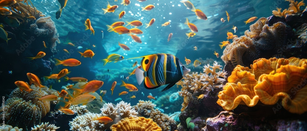 Naklejka premium Vibrant Coral Reef Ecosystem Abounding with Diverse Marine Life