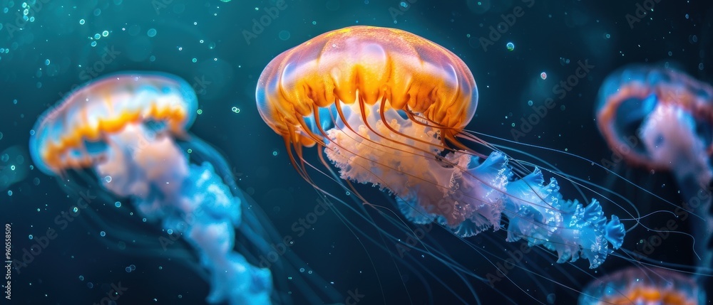 Naklejka premium Tranquil Jellyfish Drifting in the Enchanting Deep Sea Waters