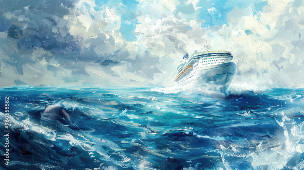 Fototapeta premium Oil painting, large beautiful cruise ship, liner in the blue sea.