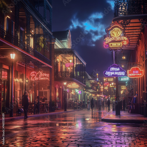 hyper-realistic depiction of Bourbon Street in New Orleans