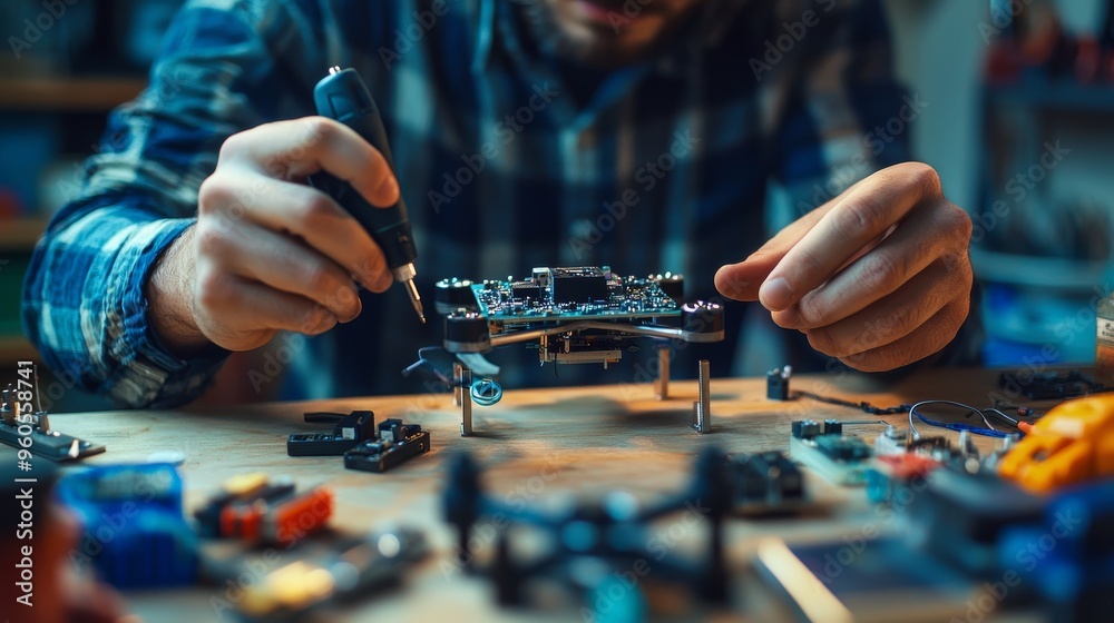 DIY Quadcopter Assembly on Workbench with Electronics and Tools for Hobby Enthusiasts DIY Quadcopter Assembly on Workbench with Electronics and Tools for Hobby Enthusiasts