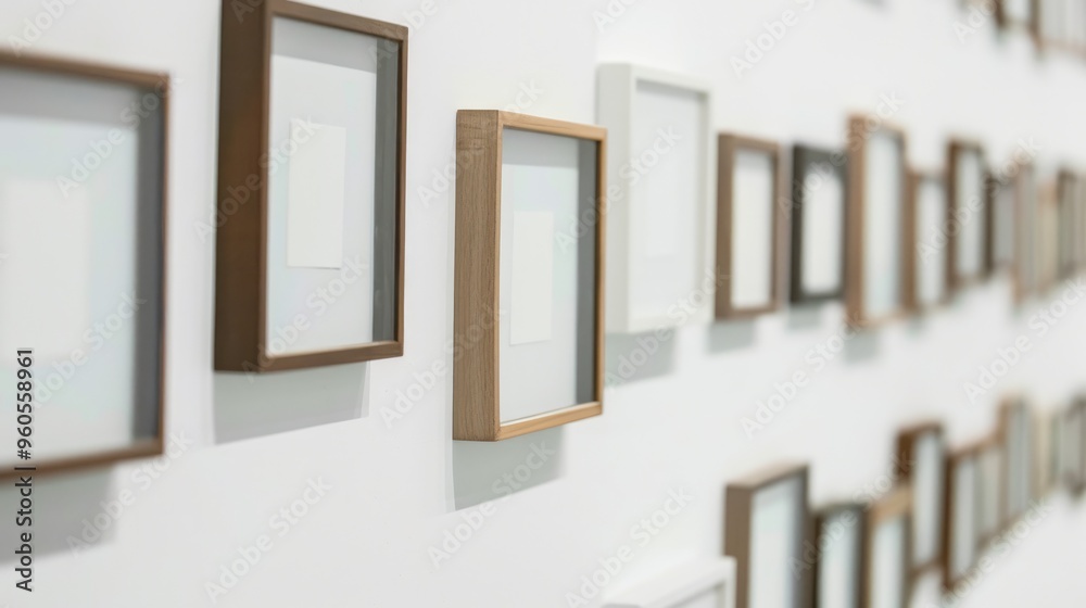 Fototapeta premium Several tiny picture frames on a white wall