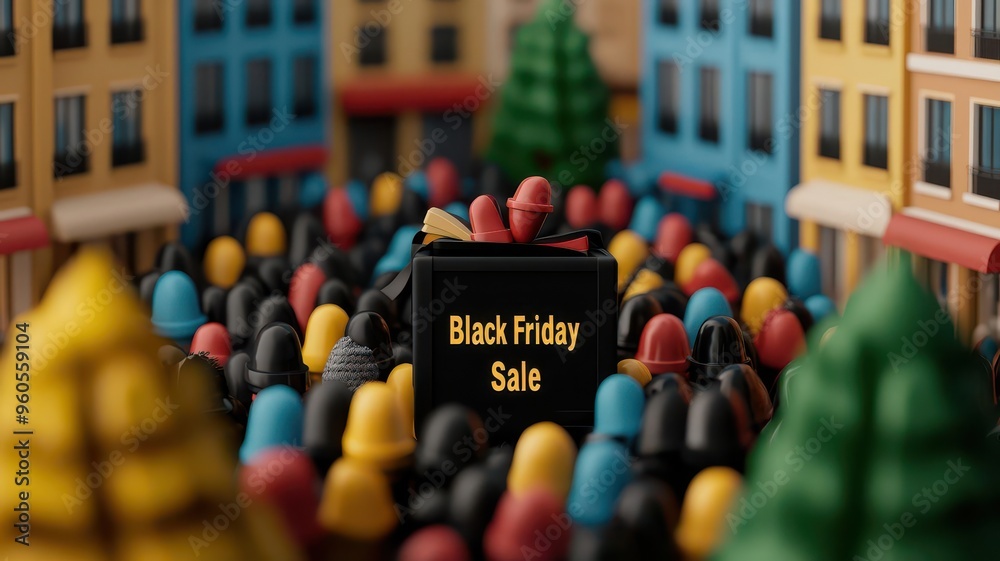 Fototapeta premium A vibrant scene depicting a bustling crowd during a Black Friday sale with colorful buildings and a prominent sale box.