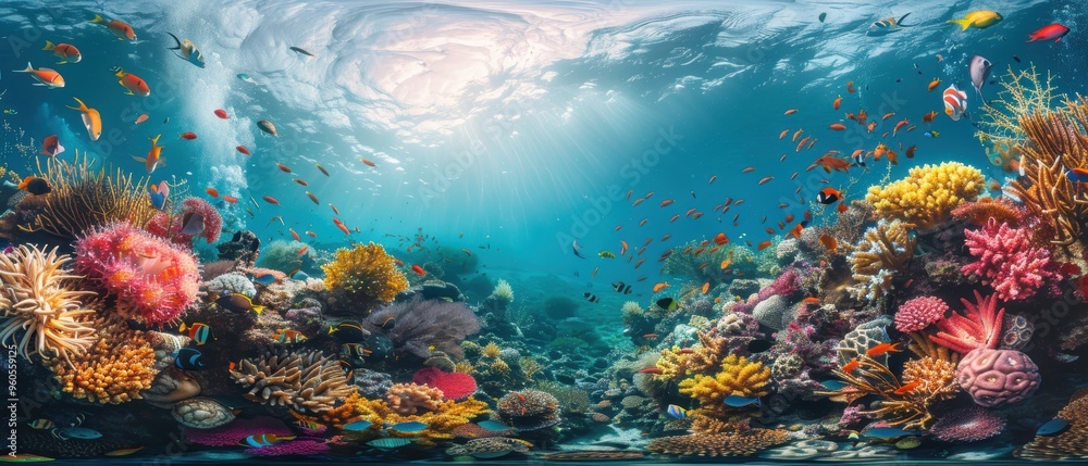 Naklejka premium Vibrant Underwater World Teeming with Diverse Marine Life