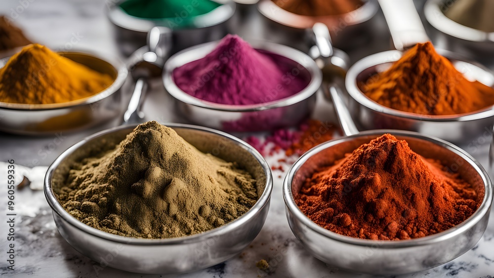 Colorful Powdered Spices in Metal Bowls