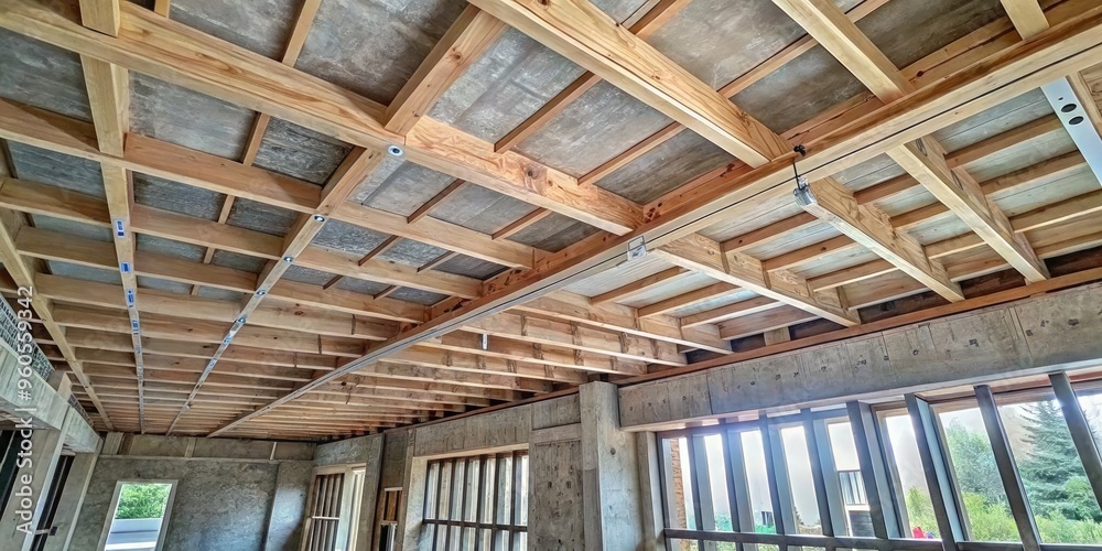A wooden ceiling under construction in a spacious room. A wooden ceiling under construction in a spacious room.