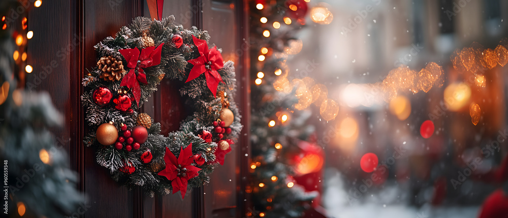 Festive Christmas Wreath on a Door with Blurred Street Lights Festive Christmas Wreath on a Door with Blurred Street Lights