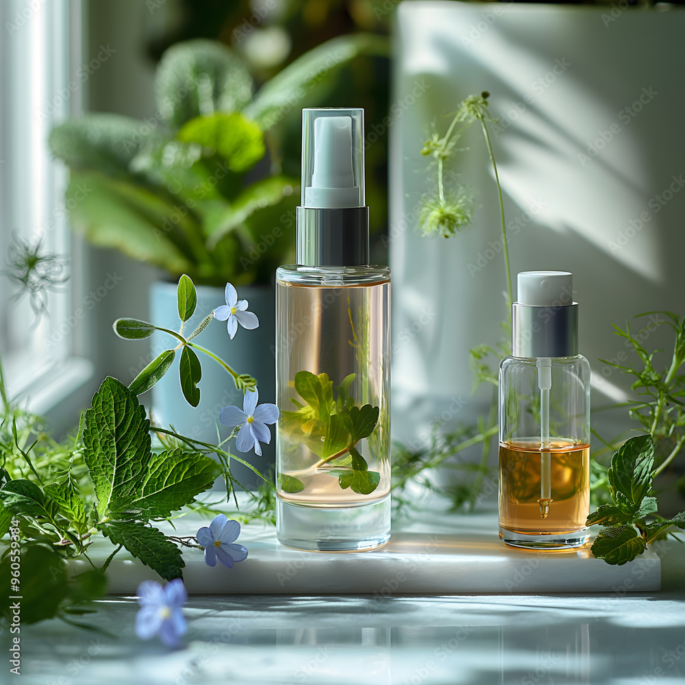 Essential Oil Bottles with Fresh Green Herbs on Wooden Surface Essential Oil Bottles with Fresh Green Herbs on Wooden Surface