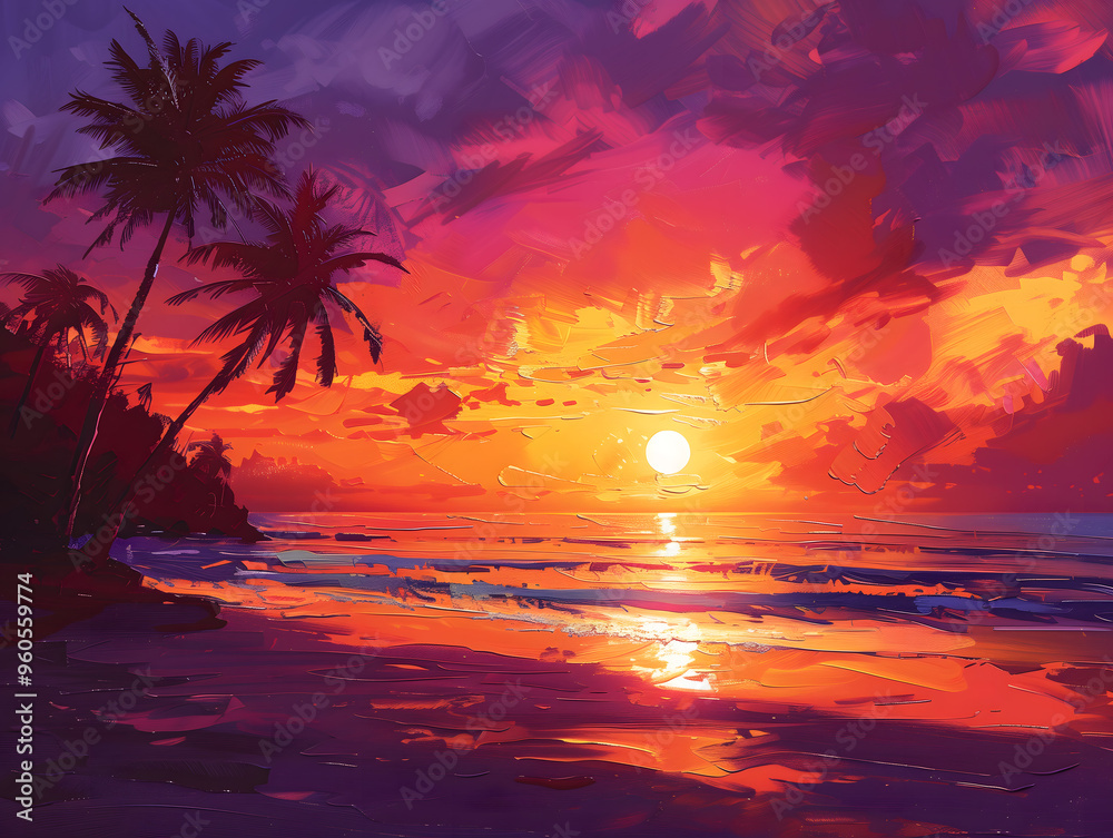 Obraz premium Vibrant Tropical Sunset with Palms - Artistic Impression of Serenity