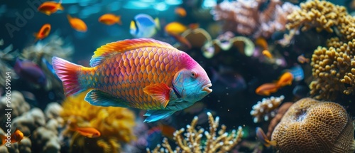 Vibrant Parrotfish Feeding on Coral in Tropical Reef Paradise