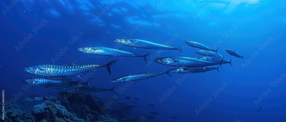 Obraz premium Majestic School of Barracuda Swimming in Formation against Deep Blue Ocean Background